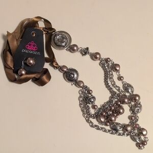 Paparazzi Silver and Brown Necklace With Ribbon‎ Tie And Dangle Earrings NWT